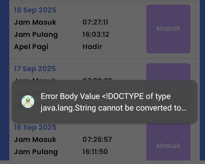 Pesan Error Body pada Aplikasi